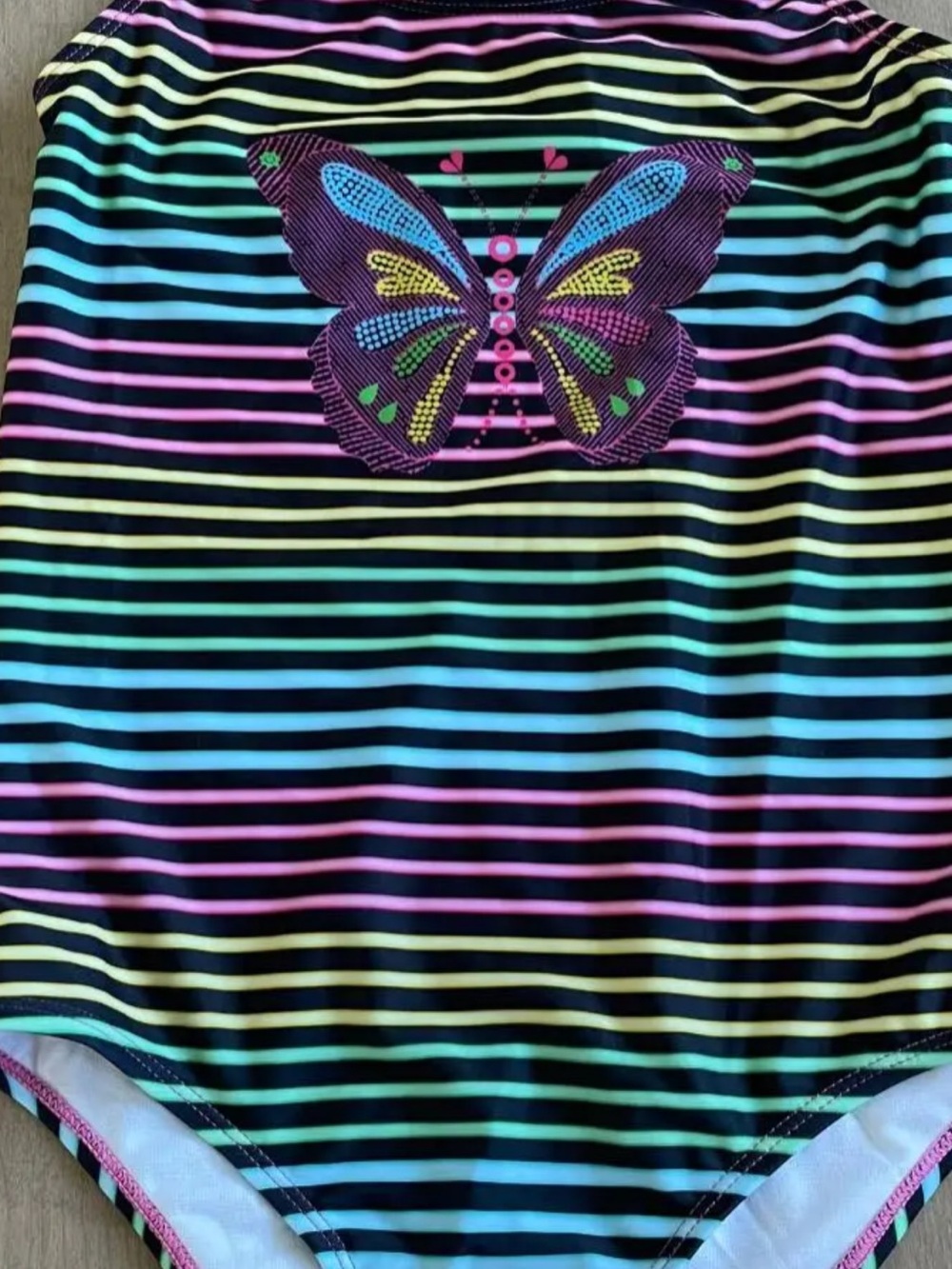VGUC deux par deux Black Neon Stripe One-Piece with Butterfly